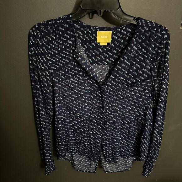 ANTHROPOLOGIE Maeve Clara Blue Bird Button Down Blouse Size 0 XS - Picture 6 of 14